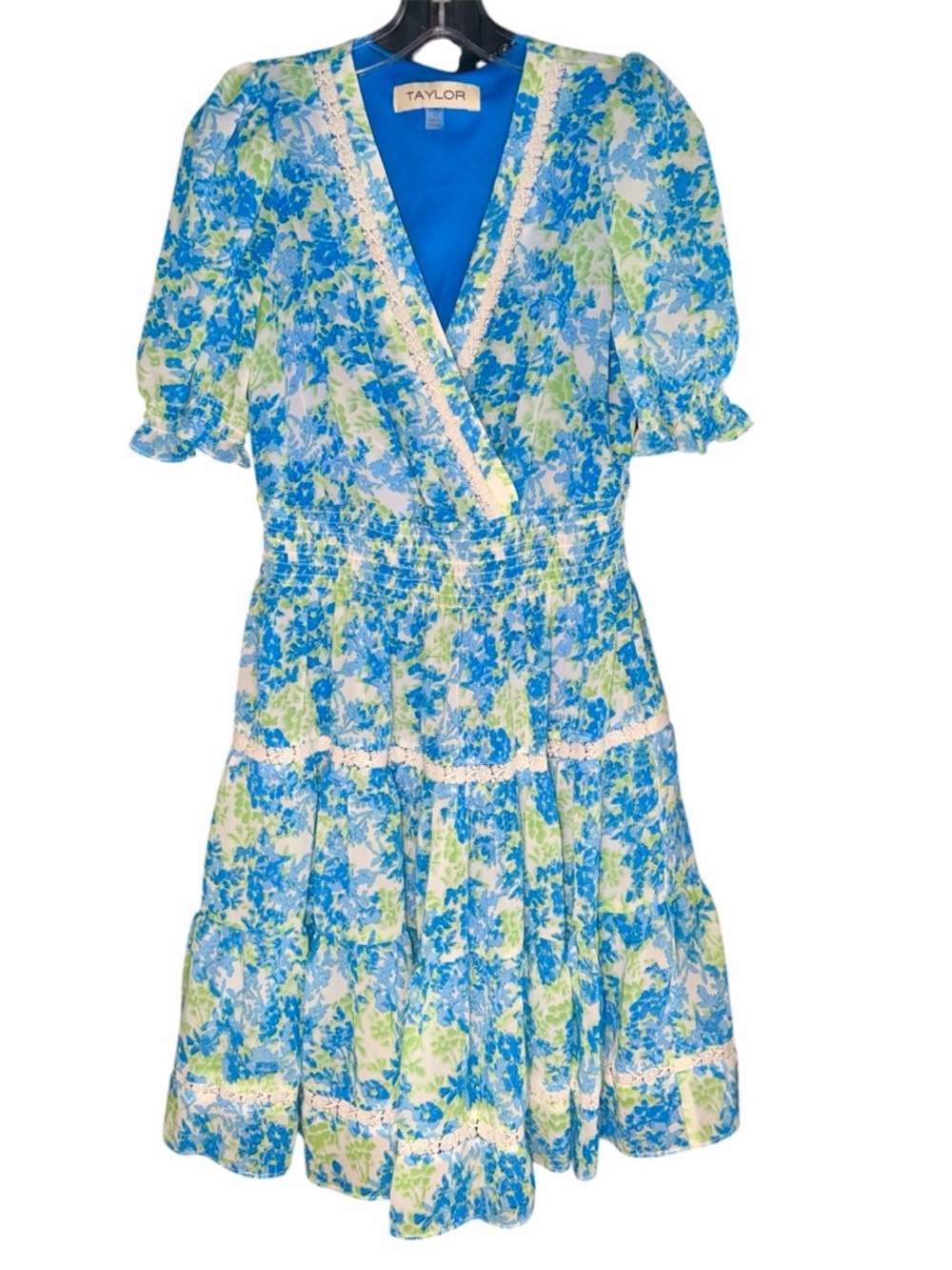 Taylor Blue & Lime Floral Tiered Wrap Midi Dress with Lace Trim —#129